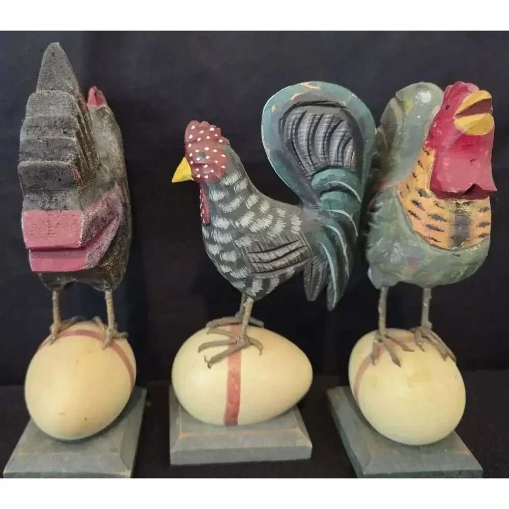 Set of 3 Decorative Roosters Sitting on Eggs